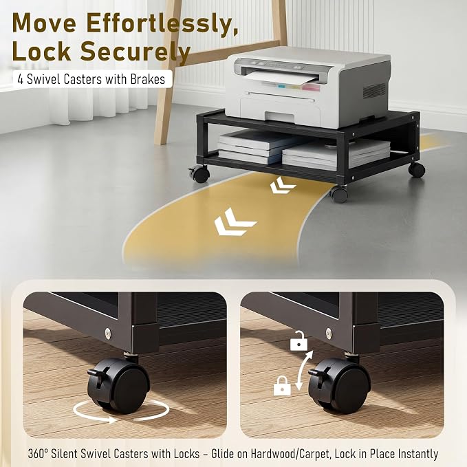 Zonon 2 Tier Printer Stand Under Desk with Lockable Wheels 19.7x15.7x7.9 Inch Rolling Printer Table Cart Under Desk Short Movable Storage Shelf for Home Office Organization(Open Shelf Style,Black)