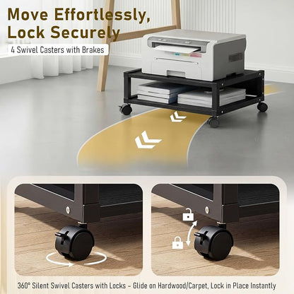 Zonon 2 Tier Printer Stand Under Desk with Lockable Wheels 19.7x15.7x7.9 Inch Rolling Printer Table Cart Under Desk Short Movable Storage Shelf for Home Office Organization(Open Shelf Style,Black)