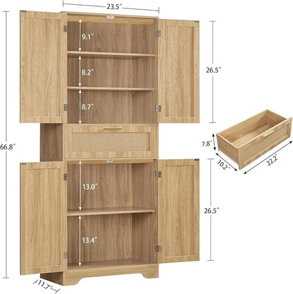 Iwell Tall Storage Cabinet with 2 Adjustable Shelves & Large Drawer, Rattan Cabinet with 4 Doors, Pantry Cabinets for Dining Room, Living Room, Home Office, Natural