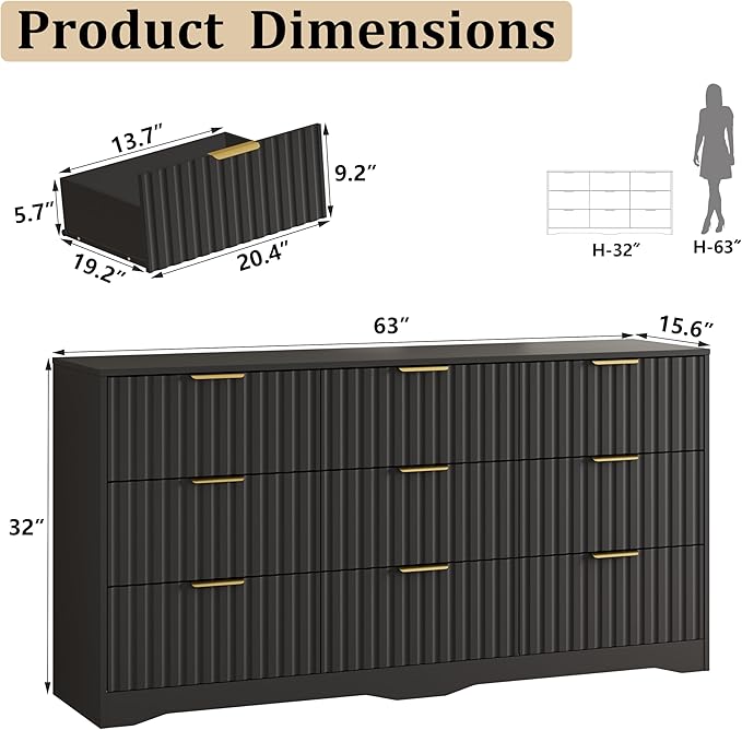 Fluted 9 Drawers Dresser for Bedroom, 63" Wide Wood Dressers Chest of Drawers with Metal Handle, Long Modern Dresser TV Stand Storage Organizer for Living Room, Black