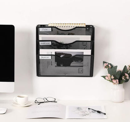 EasyPAG 3 Pocket Mesh Wall File Organizer, Hanging Paper Folder Holder with Classify Label, Vertical Wall Mount Mail Organizer for Office Home Classroom, Black