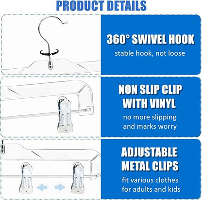 Amber Home 24 Pack Clear Plastic Jeans Pants Skirt Hangers, Bottom Hangers with Adjustable Clips & 360 Swivel Hook, Crystal Clear Plastic Clothes Hangers for Jeans, Pants, Skirts, Short