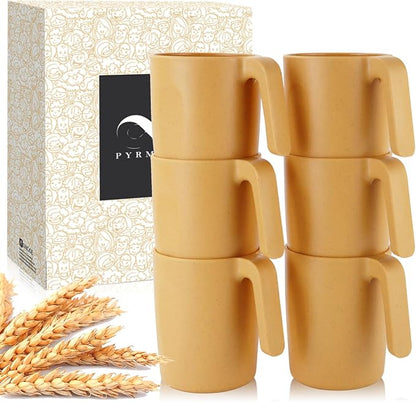 PYRMONT Wheat Straw Cups 16 Oz Alternative Plastic Cups With Handle Dishwasher & Microwave Safe Mug Set of 6 Unbreakable Cups Set for Kitchen,Party,RV Travel Unbreakable Water Cups-Yellow