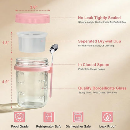 4 Pack Overnight Oats Containers with Lids and Spoons - 16 oz Glass Mason Jars with Dressing Cup, Over night Oat Jars for Meal Prep, Yogurt Parfait Cup for Chia Seed Salad (Pink)