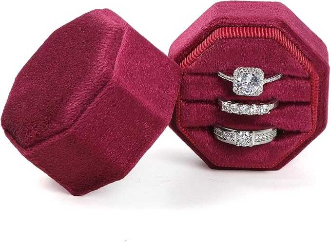 Velvet Ring Box, 3 Slots Wedding Ring Box, Vintage Octagon Premium Jewelry Display Holder Gift Box with Detachable Lid for Engagement Wedding Box Keepsake Box Bridal Photo