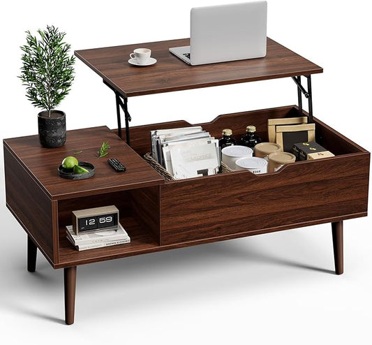 OLIXIS Wood Lift Top Coffee Table with Hidden Compartment and Large Storage Shelf, Lift Tabletop Dining Center Table for Home Living Room Office, Dark Brown