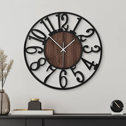 20'' Silent Wall Clock with Night Light, Glow in The Dark Decorative Wall Clock Battery Operated, Rustic Modern Metal & Wood Clocks for Bedroom Living Room Decor, Arabic Numerals