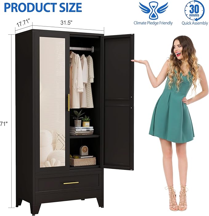 Steel Armoire Wardrobe Closet with Mirror Doors, 71" Household Wardrobe Cabinet with Hanging Rod and Drawer, Metal Clothing Storage Cabinet with Adjustable Shelf for Bedroom, Cloak, Gym(Black)