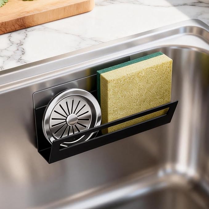 Sponge Holder for Kitchen Sink with Suction Cups & Adhesive Hook, Rustproof In-sink Sponge Holder, Space-saving Wall Hanging Sink Caddy Organizer Rack - Sponge, Dish Cloth, Brush-Stainless Steel