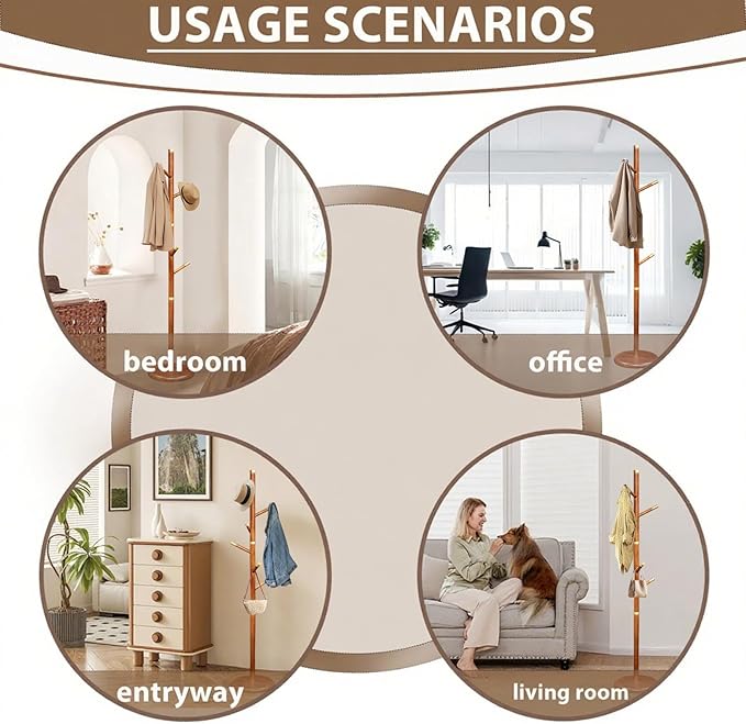 Solid Wooden Coat Rack Stand, Coat Racks Freestanding with 6 Hooks, Natural Birch Wood Coat stands with Sturdy Round Base, Tree Coat Hanger Standing for Entryway Bedroom Office (Tree Design2)