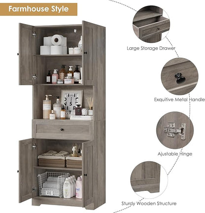 Tall Bathroom Storage Cabinets with Drawer, Farmhouse Linen Cabinet with Doors & Shelves, 67” Tall Storage Cabinet Freestanding for Bathroom, Dining Room, Kitchen, Pantry, Laundry, Narrow Corner,Brown