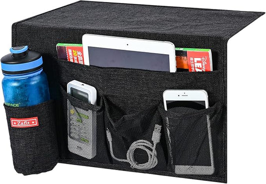 Zafit Linen 5 Pockets Bedside Caddy, Bedside Storage Organizer with Water Bottle Holder for Magazine, Remotes, Phone (Black)