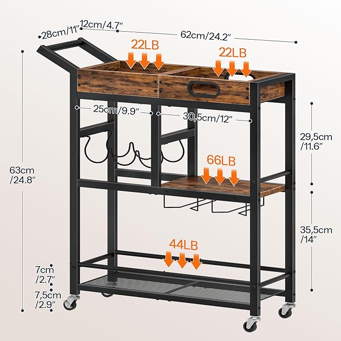 HOOBRO Bar Cart, Bar Cart for The Home, 3-Tier Home Bar Serving Cart with Wine Rack and Glass Holder, Kitchen Cart for Home, Living Room, Party, Bar, Rustic Brown and Black BF62TC01