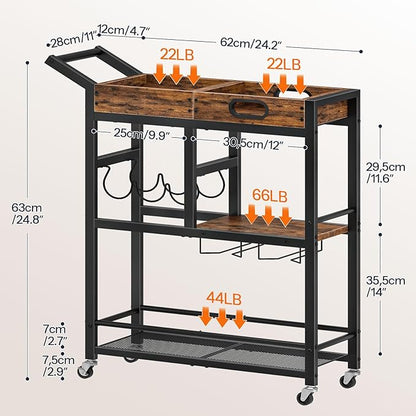 HOOBRO Bar Cart, Bar Cart for The Home, 3-Tier Home Bar Serving Cart with Wine Rack and Glass Holder, Kitchen Cart for Home, Living Room, Party, Bar, Rustic Brown and Black BF62TC01