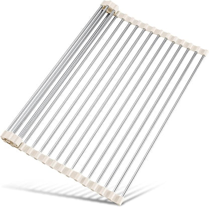 Tomorotec 21" x 15.5" Roll Up Dish Drying Rack Over Sink Drying Rack Sink Cover Kitchen Sink Accessories Gadget Multipurpose Organizer Foldable Stainless Steel Drainer