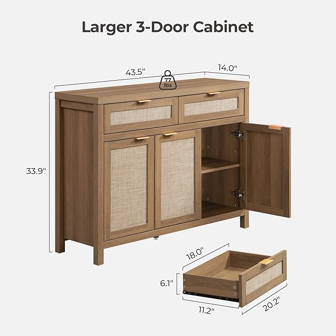 SICOTAS Rattan Sideboard Buffet Cabinet with Storage, Boho Credenza Accent Cabinet with 3 Doors and 2 Drawers, Farmhouse Console Coffee Bar for Kitchen, Living Room, and Entryway, Caramel Oak