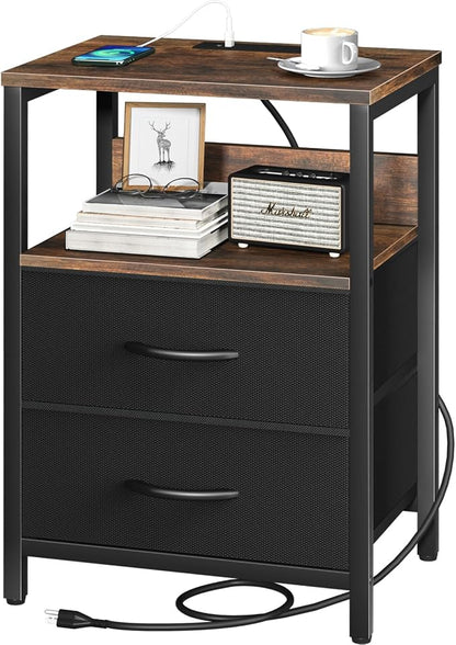 Yoobure Nightstand with Charging Station, Small Night Stand with Fabric Drawers and Storage Shelf for Bedrooms, Nightstands for Small Spaces, Bedside Table with USB Ports & Outlets, Bed Side Table