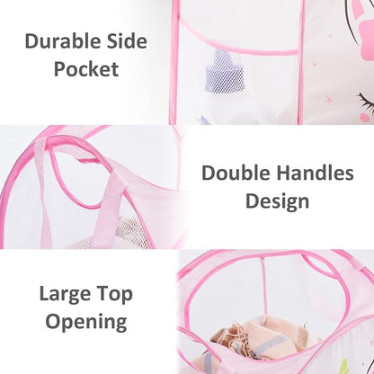 TECHMILLY Collapsible Mesh Pop Up Laundry Hamper with Sturdy Handles and Side Pocket - Portable Foldable Clothes Baskets for Dorm, Bathroom & Travel Storage (Unicorn)
