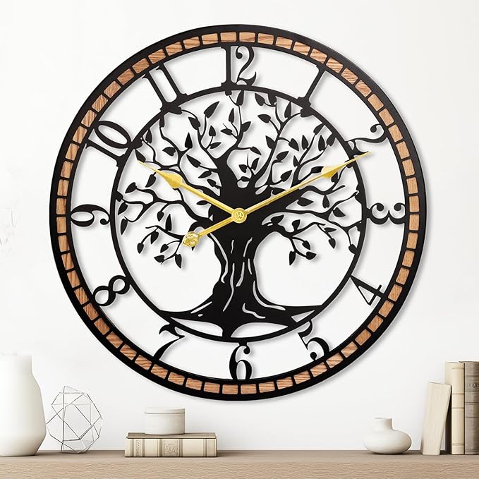 Axioglo Wall Clock,24" Large Wall Clock for Living Room Decor,Tree of Life and Wooden Frame Design,Non-Ticking Battery Operated,for Dining Room,Bedroom,Kitchen,Office Arabic Decoration