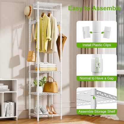 R1 Clothes Rack Heavy Duty, Clothing Racks for Hanging Clothes, Garment Rack with Storage Shelves, Small Coat Rack Freestanding for Entryway, Hallway, Bedroom, Max Load 448 Lbs, White