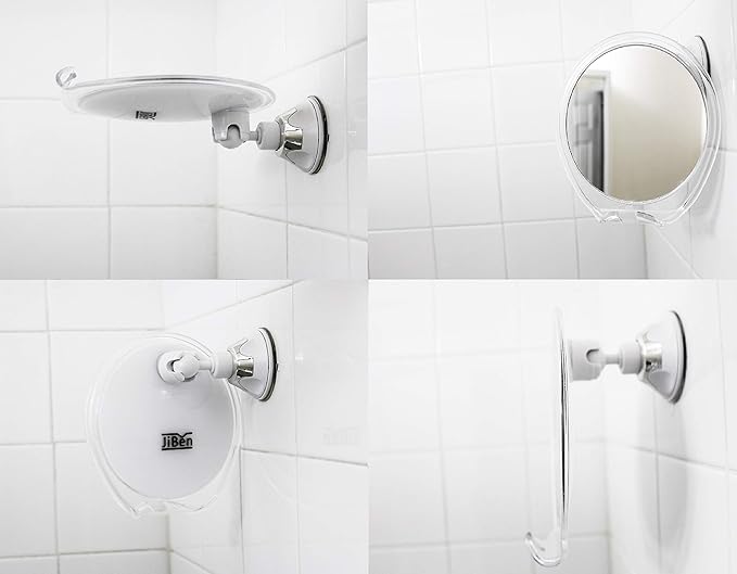 JiBen Fogless Shower Mirror with Power Locking Suction Cup, Built-in Razor Hook and 360 Degree Rotating Adjustable Arm, Personal Fog Free Bathroom Shaving Mirror (Clear)
