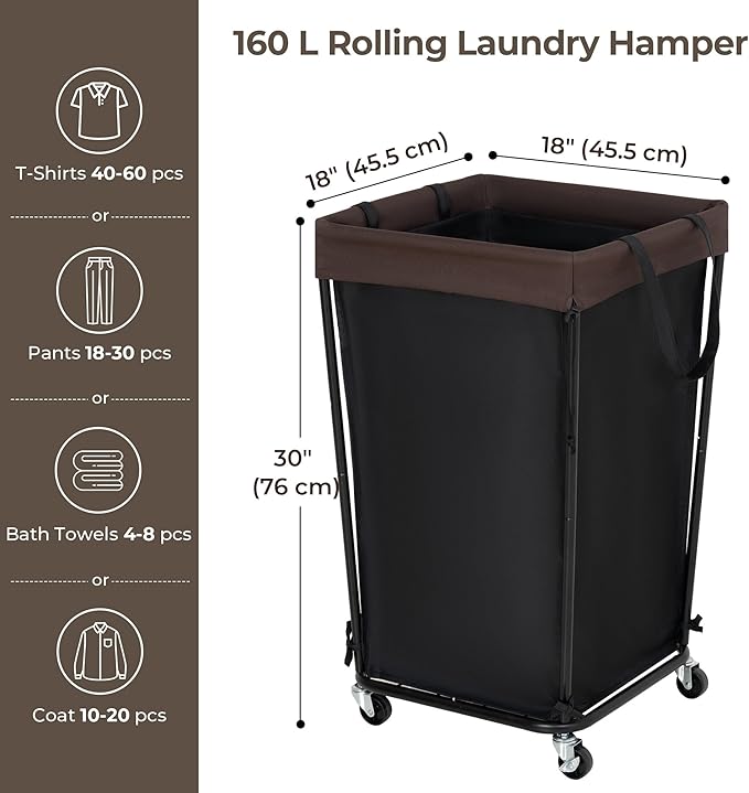 Cupic Cupid Laundry Hamper with Wheels, Rolling Laundry Basket, Dirty Clothes Cart for Laundry Room Organization and Storage, Bathroom, Bedroom, Black