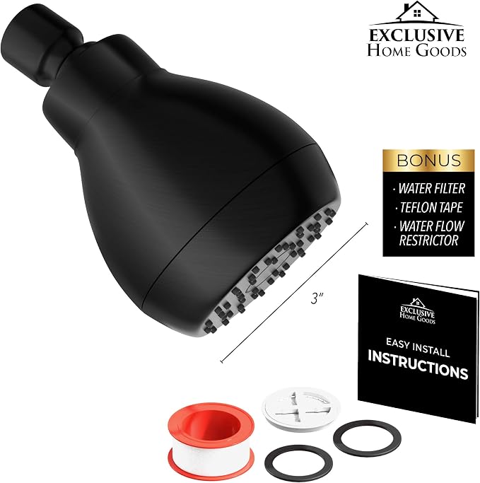 High Pressure Shower Head - Powerful Deluxe Bathroom Showerhead with Strong Spray Stream and Small Silicone Nozzles - Universal Fit Works with High and Low Water Flow Showers (Matte Black)-1.8 GPM