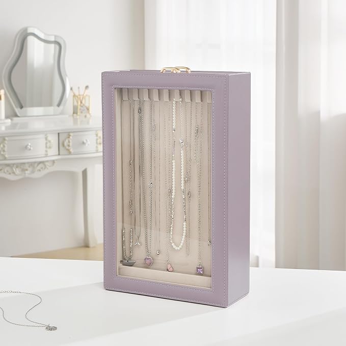 Lolalet Necklace Organizer Box, Jewelry Storage Box with Clear Window for Necklaces Bracelets, Tangle-Free Necklace Display Case for Women Girls, Dusty Purple, 2 Layers 20 Hooks