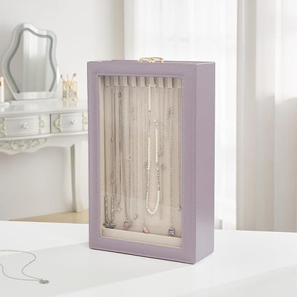 Lolalet Necklace Organizer Box, Jewelry Storage Box with Clear Window for Necklaces Bracelets, Tangle-Free Necklace Display Case for Women Girls, Dusty Purple, 2 Layers 20 Hooks