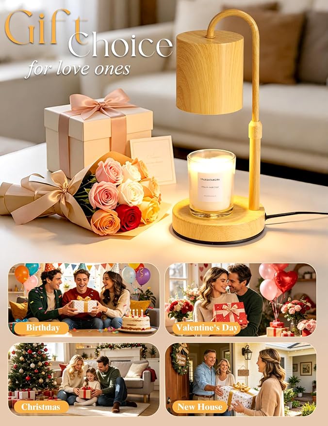 Briever Dimmable Candle Warmer Lamp with Timer, Height Adjustable Electric Candle Wax Warmer, Birthday Gifts for Women Mom, House Warming Gifts New Home Decor, Solid Wood Base, Wood Grain