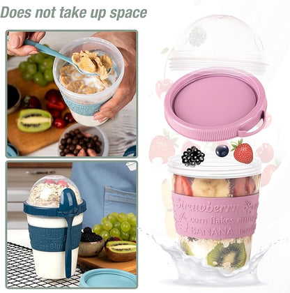 5 Pack On The Go Cereal Yogurt Cups with Lids and Spoon, Overnight Oats Container, Reusable Parfait Plastic Milk Jar Breakfast Crunch Granola Oatmeal Smoothie Snack Prep Bowl