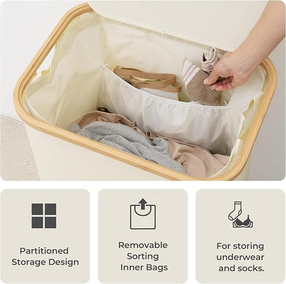 StorageWorks 100L Large Laundry Hamper with Lid, Tall Laundry Basket with Bamboo Handles and 1 Removable Inner Bag, Collapsible Laundry Hamper for Clothing, Towels, Beige, 1-Pack