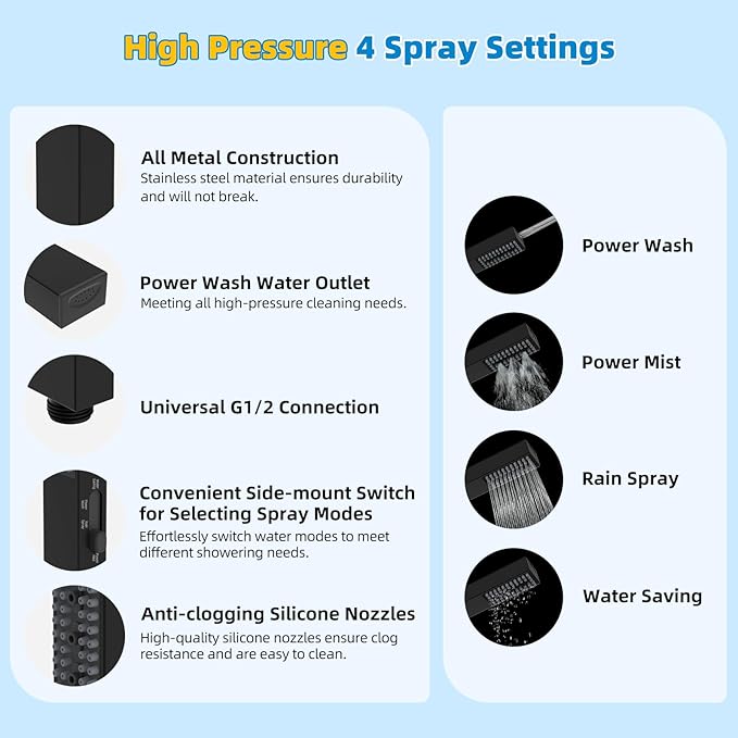 Hibbent All Metal cUPC Certified Shower Head, 10'' High Pressure Rainfall Showerhead Combo, Handheld Shower Wand, 12'' Adjustable Extension Arm, 4-Spray, 71'' Hose, Brass Shower Holder, Matte Black