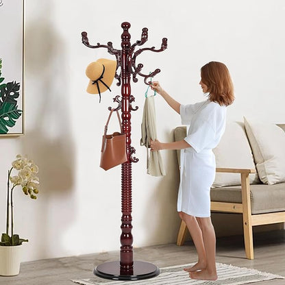 Solid Wooden Coat Rack Stand, Coat Racks Freestanding with 14 Hooks, Natural Birch Wood Coat stands with Sturdy Round Base, tree Coat Hanger Standing for Entryway Bedroom Office (Redwood disc)