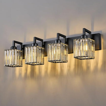 Black Bathroom Light Fixture, 4-Light Crystal Vanity Lighting, Bathroom Lighting Fixtures Over Mirror, Modern Crystal Wall Lamp