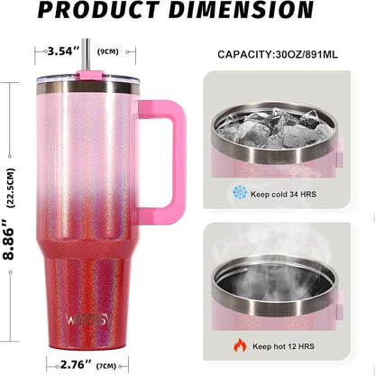 30 oz Shiny Tumbler with Handle and Straw,Stainless Steel Tumbler with Lid and Straw,Insulated Travel Mug(Cold for 34 Hours),Water Bottle for Iced Tea,Coffee (Red)