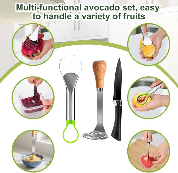 Avocado Slicer Tool 3 in 1, Stainless Steel Avocado Cutter Tool Set, Avocado Masher & Avocado Peeler Tools, Multi-Function Avocado Smasher Tools for Slicing, Scooping and Pit Removal