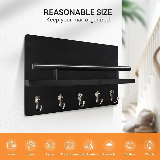 Key Holder Wall Mount, Decorative Key Rack with Shelf & 5 Sturdy Hooks, Rustic Key Hooks for Wall for Mail Organizer Hanging Dog Leash, Glasses, Wooden Key Hanger with Mounting Hardware