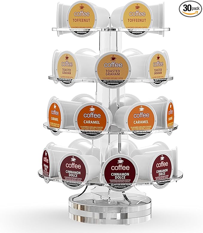Crystal Clear Acrylic Coffee Pods Holder Carousel Compatible with 30 Keurig K-cup Pod And Nespresso Vertuo Capsuless, Space-Saving Coffee Pod Storage Organizer for Small Countertop