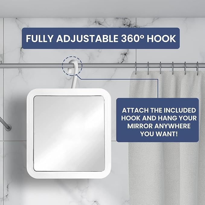 MIRRORVANA Hangable Fogless Shower Mirror for Shaving with 360° Swivel Hook for Hanging - Anti Fog and Shatterproof 6.3" x 6.3" Surface