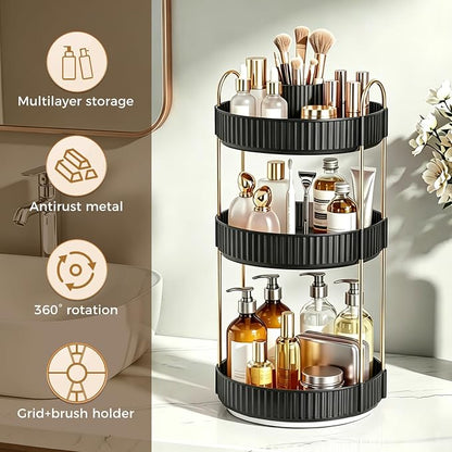 360° Rotating Makeup Organizer, Upgraded 3 Tier Skincare Perfume Organizers for Women, Bathroom Organizer Countertop, Clear Cosmetic Dresser Organizer with Makeup Brush Holder, Sink&Counter(Black)