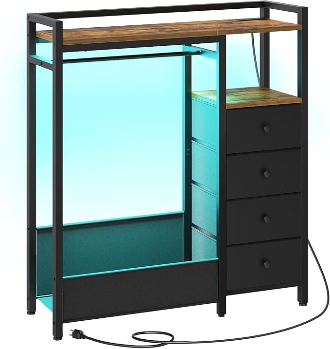 Bedroom Dresser with Clothes Rack, 4 Drawer Dresser with Charging Station and LED Light, Chest of Drawers for Bedroom, Closet Organizer with Hanging Rack and 2-Tier Shoe Rack, Rustic Brown