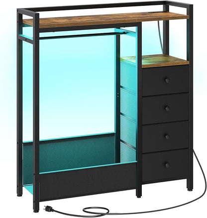 Bedroom Dresser with Clothes Rack, 4 Drawer Dresser with Charging Station and LED Light, Chest of Drawers for Bedroom, Closet Organizer with Hanging Rack and 2-Tier Shoe Rack, Rustic Brown