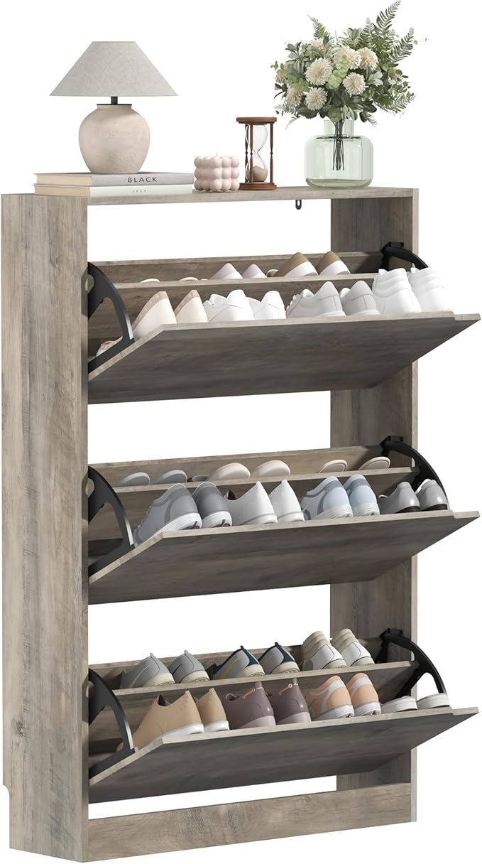 Shoe Cabinet with 3 Flip Drawers, 47" Slim Hidden Wood Shoe Storage Cabinet with Adjustable Shelf, Freestanding Narrow Shoe Rack Organizer for Entryway, Hallway, Grey