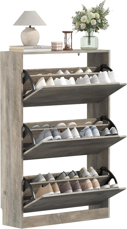Shoe Cabinet with 3 Flip Drawers, 47" Slim Hidden Wood Shoe Storage Cabinet with Adjustable Shelf, Freestanding Narrow Shoe Rack Organizer for Entryway, Hallway, Grey