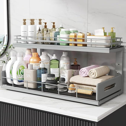 Under Sink Organizer Upgrade To Professional Rails,2-Tier Dual Pull Out Cabinet Storage,Height Adjustable Slide Out Drawers For Bathroom Kitchen,2 Pack-21"Dx12.8"-16.9"H,Gun Gray