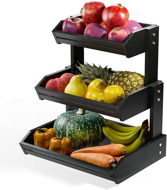 HOLANA Acacia 3 Tier Fruit Basket for Counter – Wooden Fruit Bowl for Kitchen Counter Organizer, Produce Storage Wooden Basket, Snack Organizer for Countertop & Kitchen Counter Storage (Black)