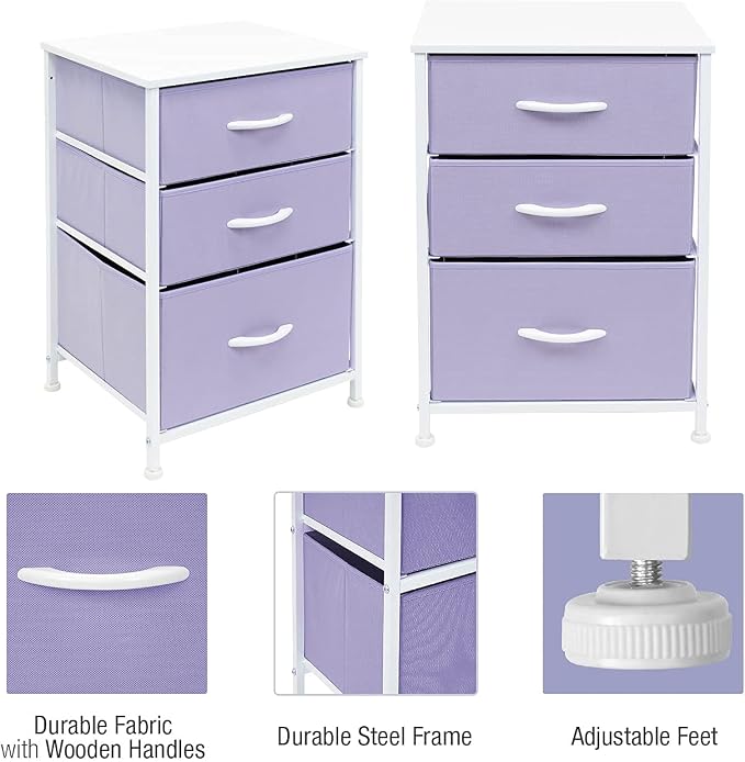 Sorbus Nightstand with 3 Drawers - Furniture Storage Chest Tower Unit for Bedroom, Hallway, Closet, Office Organization - Steel Frame, Wood Top, Pastel Fabric Bin (Purple)