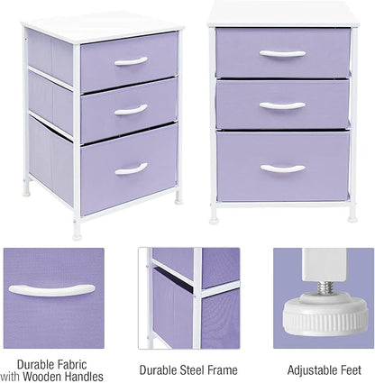 Sorbus Nightstand with 3 Drawers - Furniture Storage Chest Tower Unit for Bedroom, Hallway, Closet, Office Organization - Steel Frame, Wood Top, Pastel Fabric Bin (Purple)