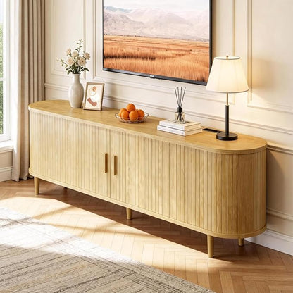 58" Mid Century Modern TV Stand with Power Outlet, Fluted Entertainment Center with Storage and Adjustable Shelves, Wood TV Console with Sliding Doors for Living Room, Oak